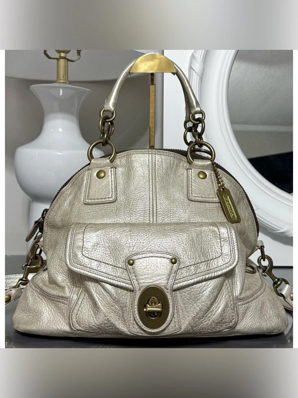 COACH Legacy Francine Domed Pearlized Ivory/ Champagne Metallic Leather Satchel